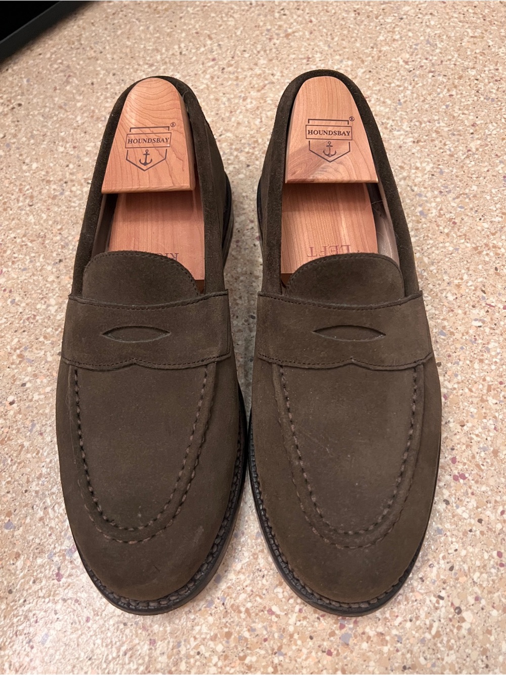 Grant Stone Traveler penny loafer in loden suede